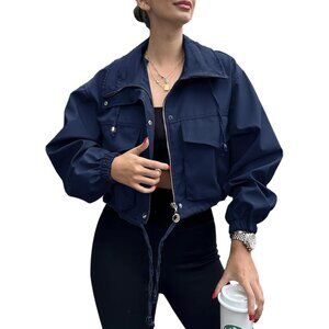 Womens Navy Tankaneo Cropped Jacket Zip Up Oversized Utility Anorak Coat